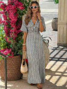 Pariaura 法式优雅梭织短袖深V领收腰蓝白格纹女式连衣裙 - 黑色 - 查看 5