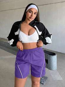 SHEIN SXY Pantalones cortos casuales con cintura elástica, plisados y versátiles con bolsillos para mujer - Morado - Ver 6