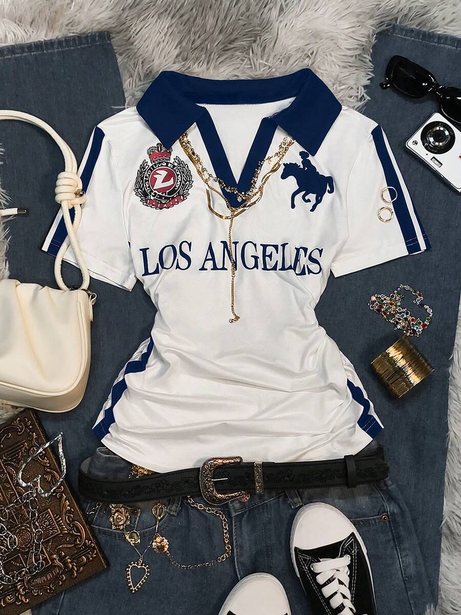 Glimmora 2000 年代复古女式休闲印花 Polo 领短袖上衣，时尚休闲，符合潮流，适合日常穿着、派对和音乐节。 - 彩色 - 查看 1