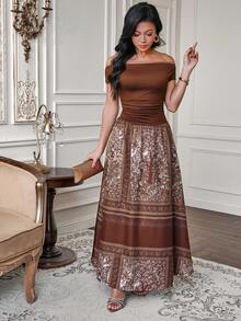 Modelyn Women's Elegant Boho One-Shoulder Floral Print Patchwork Dress Dresses For Holiday Brown Dress Holiday Outfits For Women Dresses For Holiday Summer, Dresses For Women Zanea Dress For Woman Dresses For Women Elegant Party Yisikado Dress Elegant Dress Zig Zag Dress - Brown - View 4