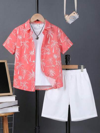 SHEIN Bộ đồ 2 món cho bé trai tuổi teen: Áo cardigan cổ polo tay ngắn họa tiết cây cỏ và quần short dệt màu trơn.