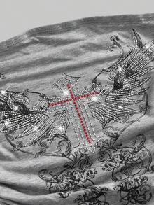 ROMWE Grunge Punk 女士无肩带灰色和黑色星星水钻装饰上衣，春夏款 - 深灰色 - 查看 2