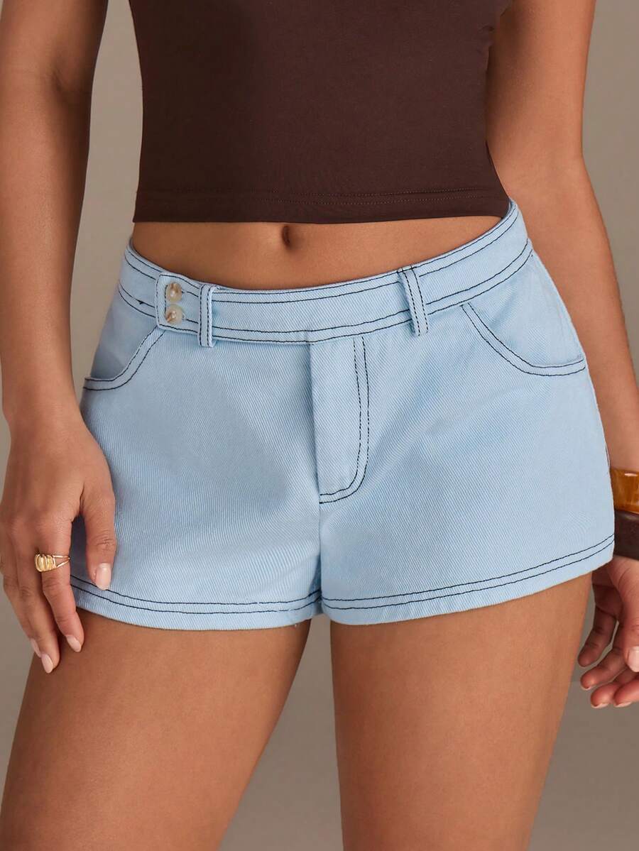 Athîral Women's Casual Sexy Low-Waist Shorts, Summer Vacation Light Blue - Baby Blue - View 1