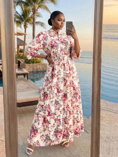 SHEIN Lady CURVE Vestido maxi de mujer talla grande con estampado floral bohemio casual de 4 capas, vestido de graduación de día de verano, vestido de invitada de boda, vestido de vacaciones de mujer para playa y festival, vestido de cumpleaños para mujer, vestido fluido de verano para mujer, ropa de mujer de talla grande, ropa formal de verano para mujer, vestido de sol para mujer de talla grande