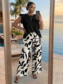 SHEIN Lady CURVE Bộ 2 món áo trơn màu thường ngày cỡ lớn và quần in hoa - Nhiều màu - Xem 4