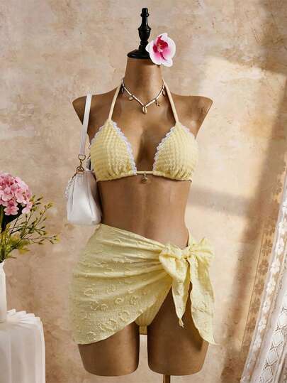Bellisia Bộ đồ bơi nữ màu vàng kem, chất liệu vải có họa tiết, kiểu dáng tam giác, gợi cảm và dễ thương, thích hợp cho bãi biển mùa hè và tiệc bể bơi.