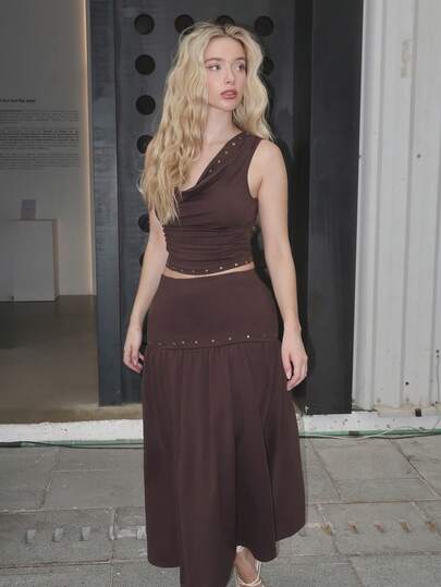 Turnttoni 复古 70 年代女式棕色垂坠领铆钉背心和长裙两件套 - 复古嬉皮、节日装、波西米亚、Y2K、西部和游牧风格