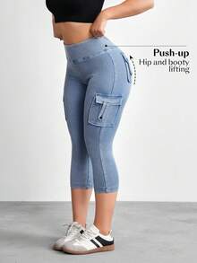 Flexra 3/4 Length Denim Cargo Pocket Skinny Jeggings Everyday Light Blue Summer Casual - Blue - View 4