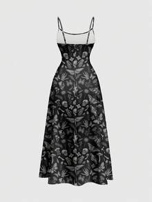 ROMWE Goth Vestido de tirantes finos con estampado de mariposas y polillas de estilo gótico y botánico, adecuado para vacaciones en la playa, tallas grandes - Negro - Ver 2