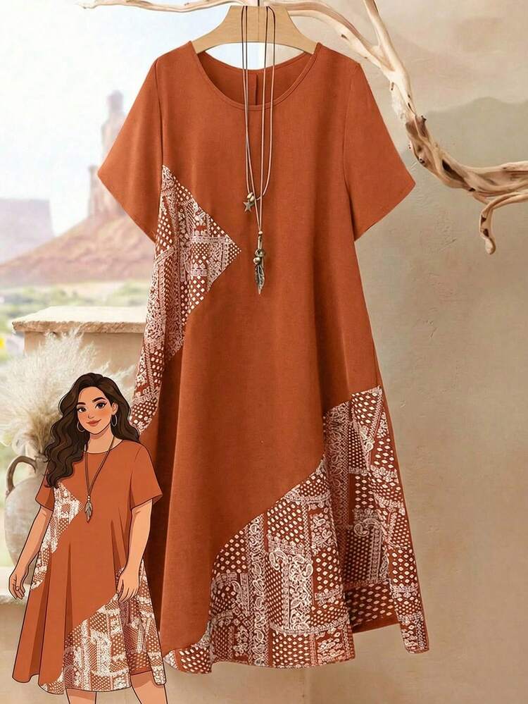 Plus Size Women Casual Loose Patchwork Cashew Pattern Round Neck Short Sleeve Dress Bohemian Dresses For Women Women's Summer Dresses Summer Dress Summer Outfits For Women Spring Clothing Spring Outfit Beach Outfits For Women Vacation Outfits Women Summer Holiday Outfits Country Style For Women Summer Dresses For Women Spring Dress Women Beach Dress Holiday Dresses Country Dress