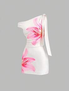 Sweetra European And American Fashion Asymmetric Neck Ribbon Design Printed Elegant Romantic Summer Dress For Women - Multicolor - View 1