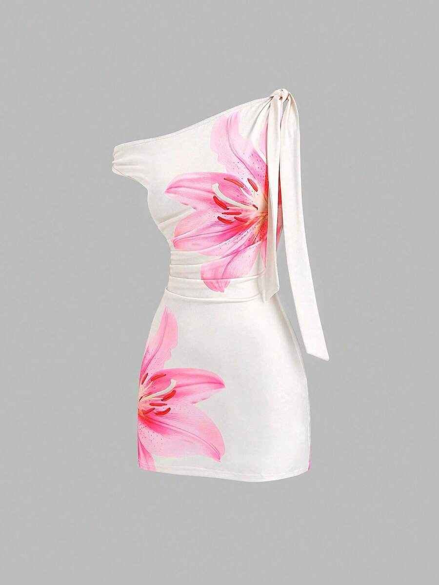 Sweetra European And American Fashion Asymmetric Neck Ribbon Design Printed Elegant Romantic Summer Dress For Women - Multicolor - View 1