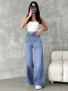 EURMUSE 100%Cotton Women'S High Waist Wide Leg Jeans With Diagonal Pockets - Blue - View 5