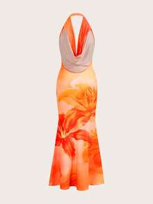 Aloruh 橙色芙蓉花全印花 V 领女士休闲连衣裙，适合夏季 - 珊瑚橙 - 查看 2