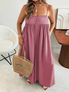 Ceyna Plus Size Women Solid Color Pleated Casual Jumpsuit With Wide Leg - Pink - View 4