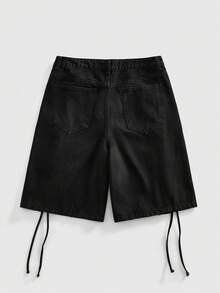 ROMWE MEN Grunge Punk Men's Drawstring Decorated Loose Denim Shorts - Black - View 3
