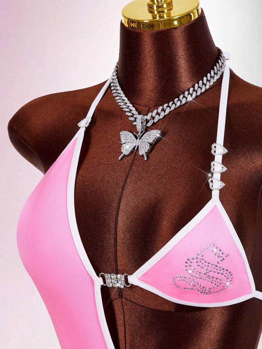 Amplova Đầm ngắn gợi cảm dành cho nữ với chi tiết đính đá hình trái tim ở ngực, eo khoét, dây mảnh, thích hợp cho các lễ hội âm nhạc, ngọt ngào và quyến rũ. - Màu Hồng baby - Xem 1