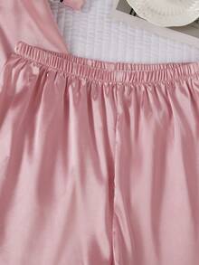SHEIN Girls Classic Collar Solid Color Pocket Embroidered Short Sleeve Cardigan Matching Shorts Pajamas Set, Comfortable Casual Loungewear - Pink - View 9