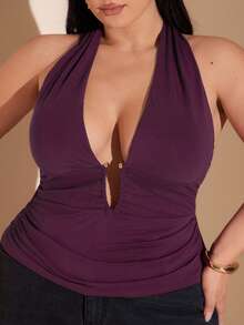 SHEIN BAE Plus Size Women's Dark Purple Classy Halter Tank Top,Summer Backless Ruched Top With Metal Button,Night Out Club Party Birthday Outfits 2026 - Purple - View 10