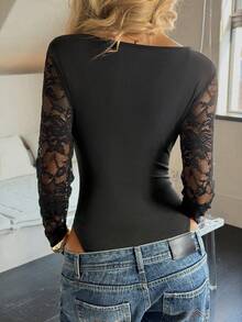 Zavorell 女士撞色蕾丝V领长袖连体衣，春夏款 - 黑色 - 查看 2