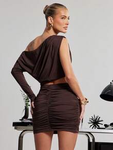 Hauture Women's Asymmetrical Off Shoulder Ruched Mini Dress - Brown - View 2