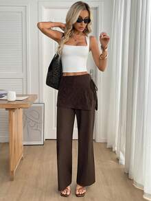 SHEIN LUNE Pantalones de pierna acampanada con parches de encaje asimétricos, de uso casual, para vacaciones, viajes diarios y moda básica para mujeres - Café integral - Ver 4