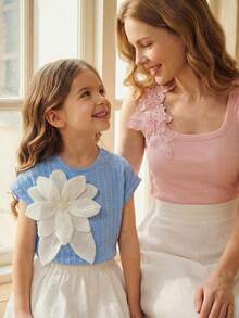 SHEIN 女童休闲圆领甜美手工3D立体花卉装饰时尚T恤，夏季 - 藍色 - 查看 11