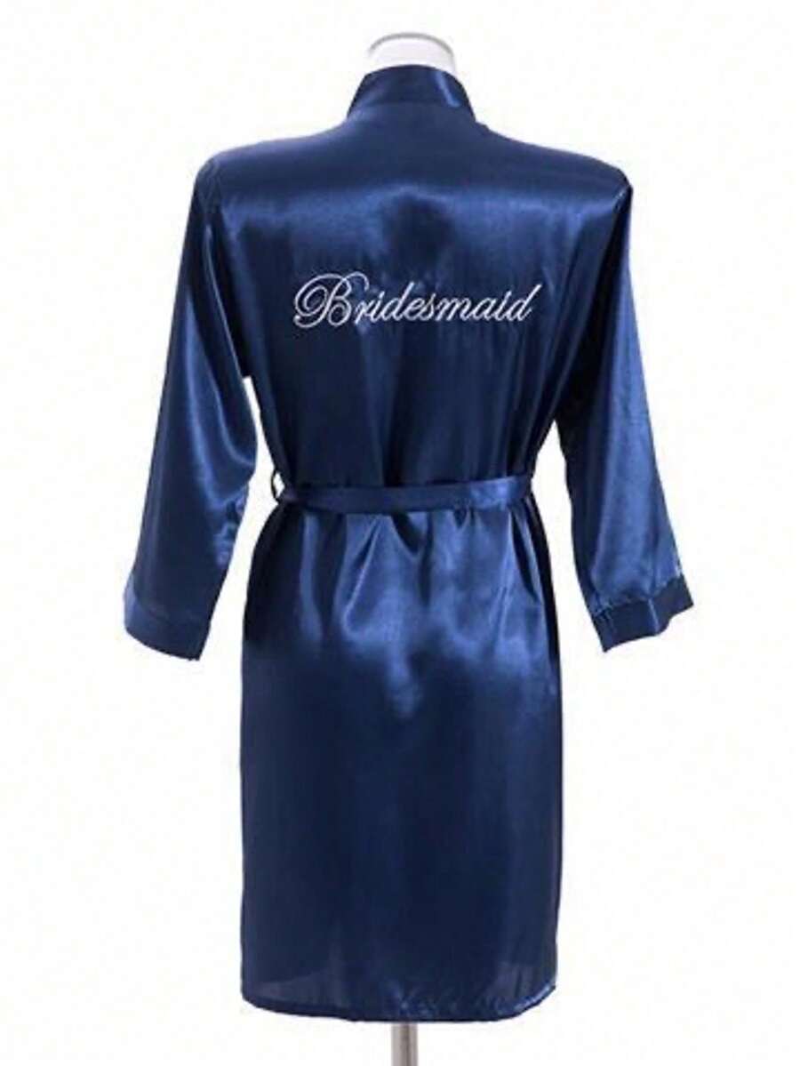 1pc Bride & Bridesmaid Letter Short Robe, Bridal Party Prep Wear, Wedding Ceremony & Reception Accessory Lightweight Sleepwear For Women, Spring/Summer - Navy Blue - View 1