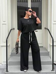 Muchica Plus Size Summer Casual T-Shirt And Pants 2 Pieces Set - Black - View 7