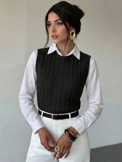 Chaleco ligero tejido de punto para mujer, cuello redoondo teijdo trenzado, diseño elegante, corte clásico, sin mangas, ideal para outfits juveniles, uniforme colegial, estilo casual y formal, perfecto para otoño e invierno, suave y cómodo