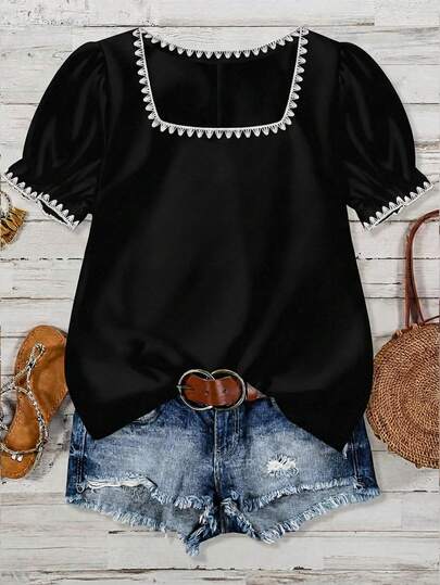 SHEIN VCAY Plus Size Women Casual Holiday Seashell Floral Decor Square Neck Lantern Sleeve Loose Blouse, Elegant Summer Vacation Wear