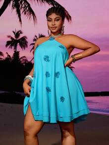 Maweii Plus Size Halter Neck Beach Vacation Romantic Backless 3D Floral Dress - Blue - View 5