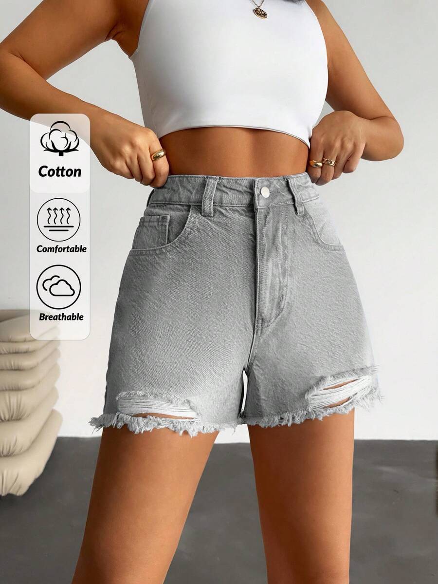 EURMUSE WOMEN HIGH WAIST MINI SHORT WITH DESTROY SNOW WASH - Grey - View 1