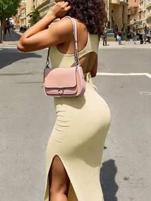 INAWLY Solva Đầm hai dây nữ màu trơn ôm sát, kiểu dáng thường ngày, xẻ tà bên hông. - Vàng nhạt - Xem 3