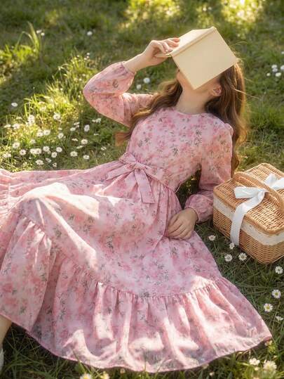 Teen Girls' Casual All-Over Print Long Sleeve Dress, Summer