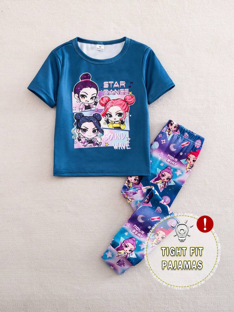 SHEIN 女童可爱休闲粉色云朵、星星、月亮格子印花短袖上衣和打底裤两件套睡衣 - 藏蓝色 - 查看 1
