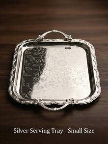 Embossed Metal Tray, Decorative Vintage Style Rectangular Tray With Handle, Suitable For Holiday Party Decor, Serving Tray, Family Gathering Blessing Ceremony, Cosmetics & Jewelry Storage, Available In 3 Sizes - Multicolor - View 6