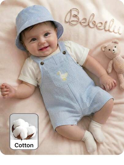 SHEIN Newborn Baby Boy Cute Summer Versatile Cartoon Duck Striped Romper & Hat Set Baby Boy Overall Set Baby Boy Sleeveless Romper Blue Vintage Baby Boy Outfit Baby Goose Outfit Preemie Clothes For Boy