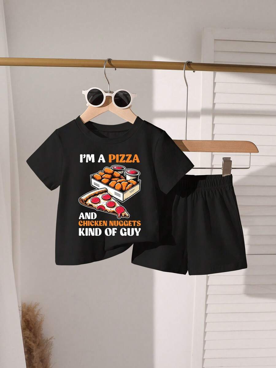 Set de 2 piezas Camiseta de manga corta de cuello redondo negra con estampado "Soy un tipo de pizza y nuggets de pollo" y pantalones cortos para niños pequeños, conjunto de ropa casual de uso diario y deportes al aire libre, adecuado para primavera, verano, otoño e invierno - Multicolor - Ver 1