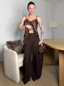 Abrilcols Women's Solid Color Minimalist Lace Patchwork Camisole Top, Everyday Wear - Coffee Brown - View 5
