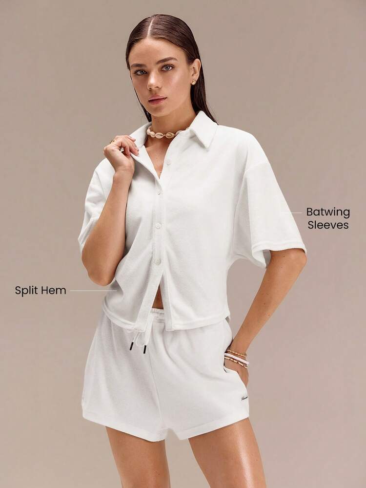 Terry Cloth Out Of Office Back Elastic Waistband Batwing Sleeves Split Hem Button-Up Shirt Vacation Holiday Summer Travel Beach Daily Casual Wear