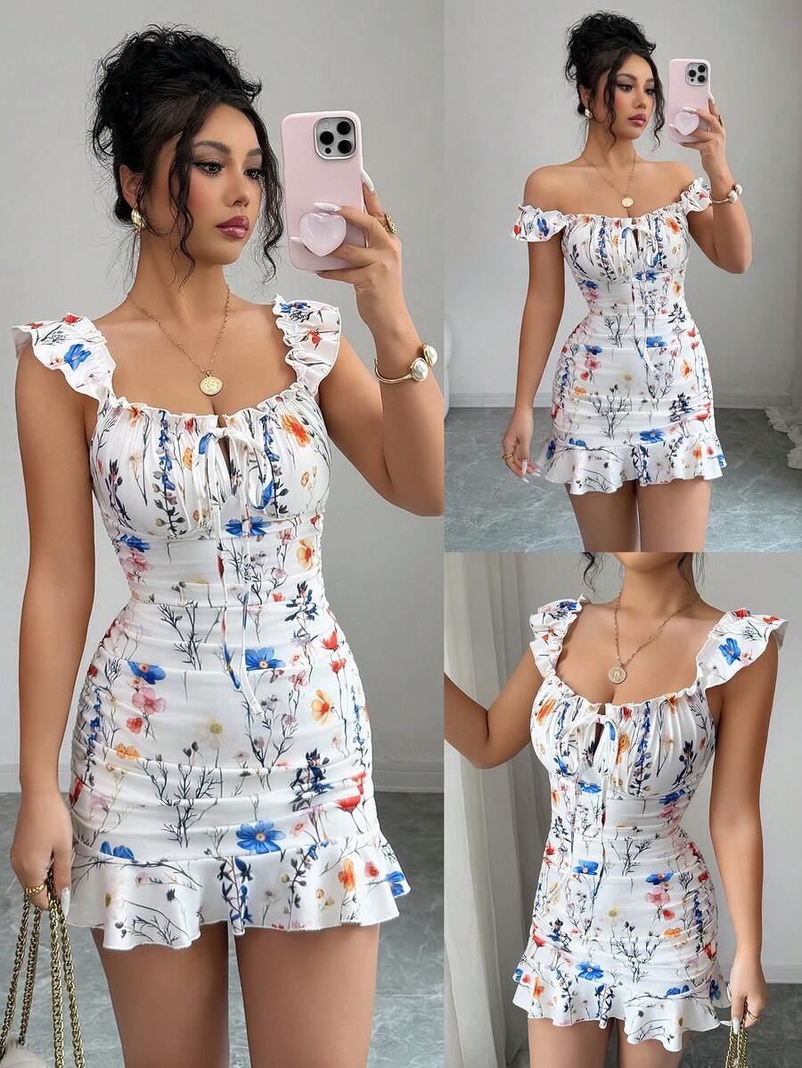 SHEIN LUNE 夏季露肩荷叶边下摆修身A字连衣裙，优雅性感法式印花连衣裙，收腰设计，适合约会、度假和通勤。 - 杏色 - 查看 1