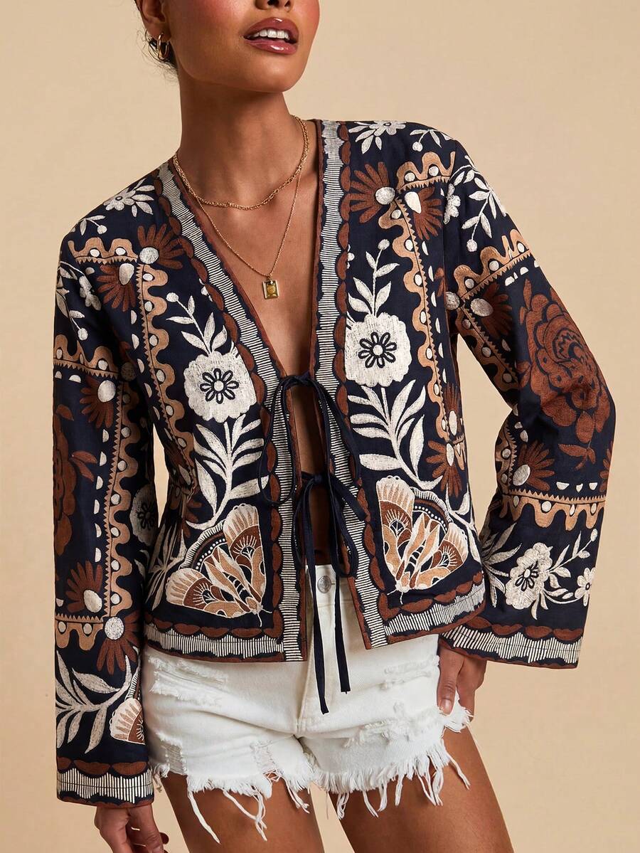 Travachic Woven Printed Long Sleeve Cropped Loose Blouse For Women,Summer Top - Black - View 1