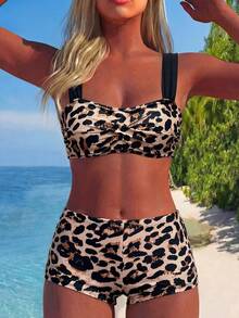 Swim Lushoire Lushoire 女士两件套性感豹纹扭结前扣抹胸黑色宽肩带比基尼泳装套装，适合夏季海滩度假 - 彩色 - 查看 6