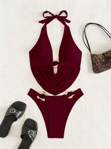 Bonvoyette Bộ đồ bơi hai mảnh dành cho nữ, gồm áo cổ chữ V sâu màu đen và quần bikini cạp cao màu trơn, thích hợp cho kỳ nghỉ hè. - Màu Đỏ Sâu - Xem 4