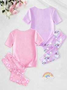 2件套女童夜光可爱独角兽印花圆领针织紧身休闲舒适短袖上衣和裤子睡衣套装 - 彩色 - 查看 2