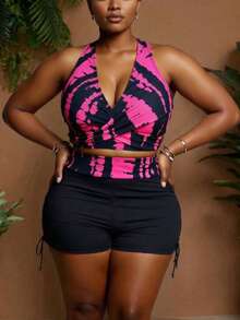 Maweii Traje de baño de dos piezas con control del vientre, escote de aro y tintura anudada para mujer de talla grande para playa en verano - Rosa Fucsia - Ver 1