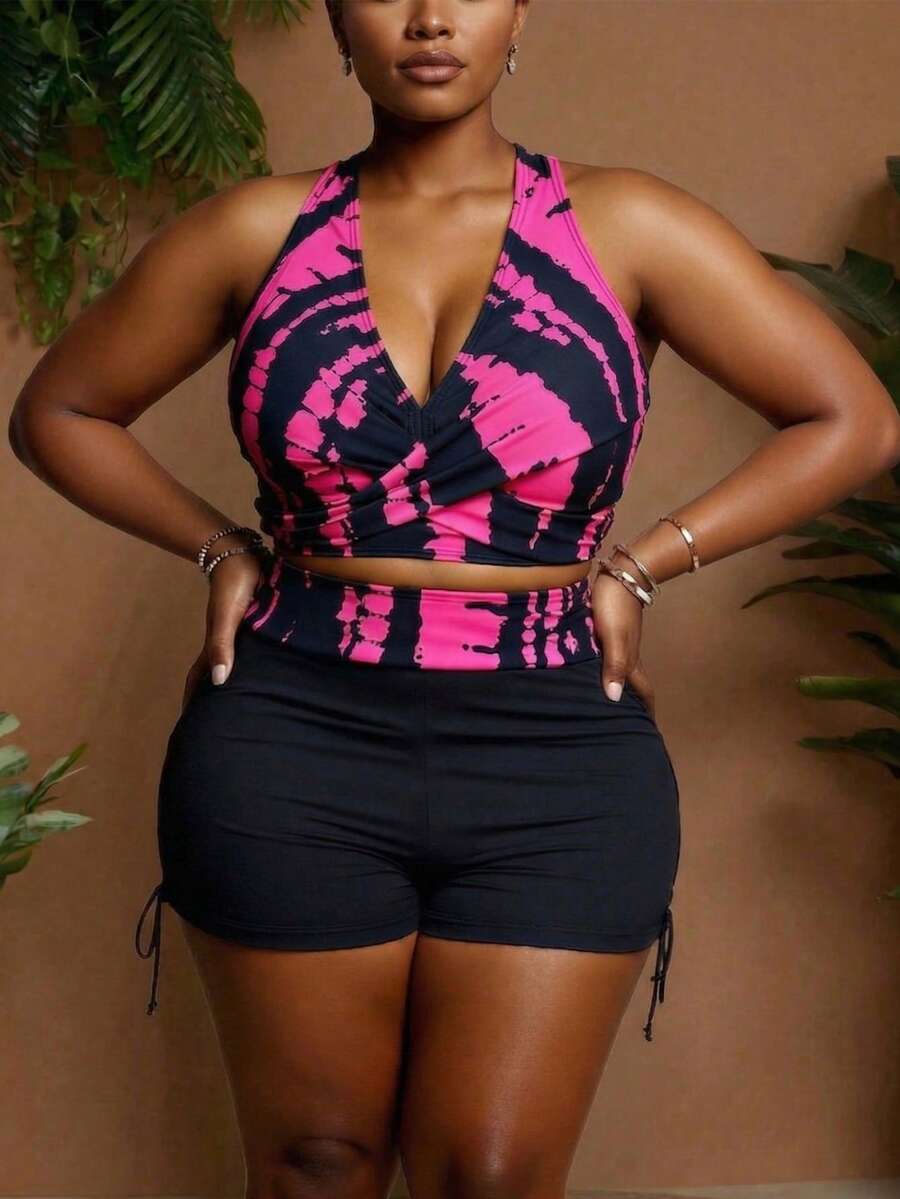 Maweii Traje de baño de dos piezas con control del vientre, escote de aro y tintura anudada para mujer de talla grande para playa en verano - Rosa Fucsia - Ver 1