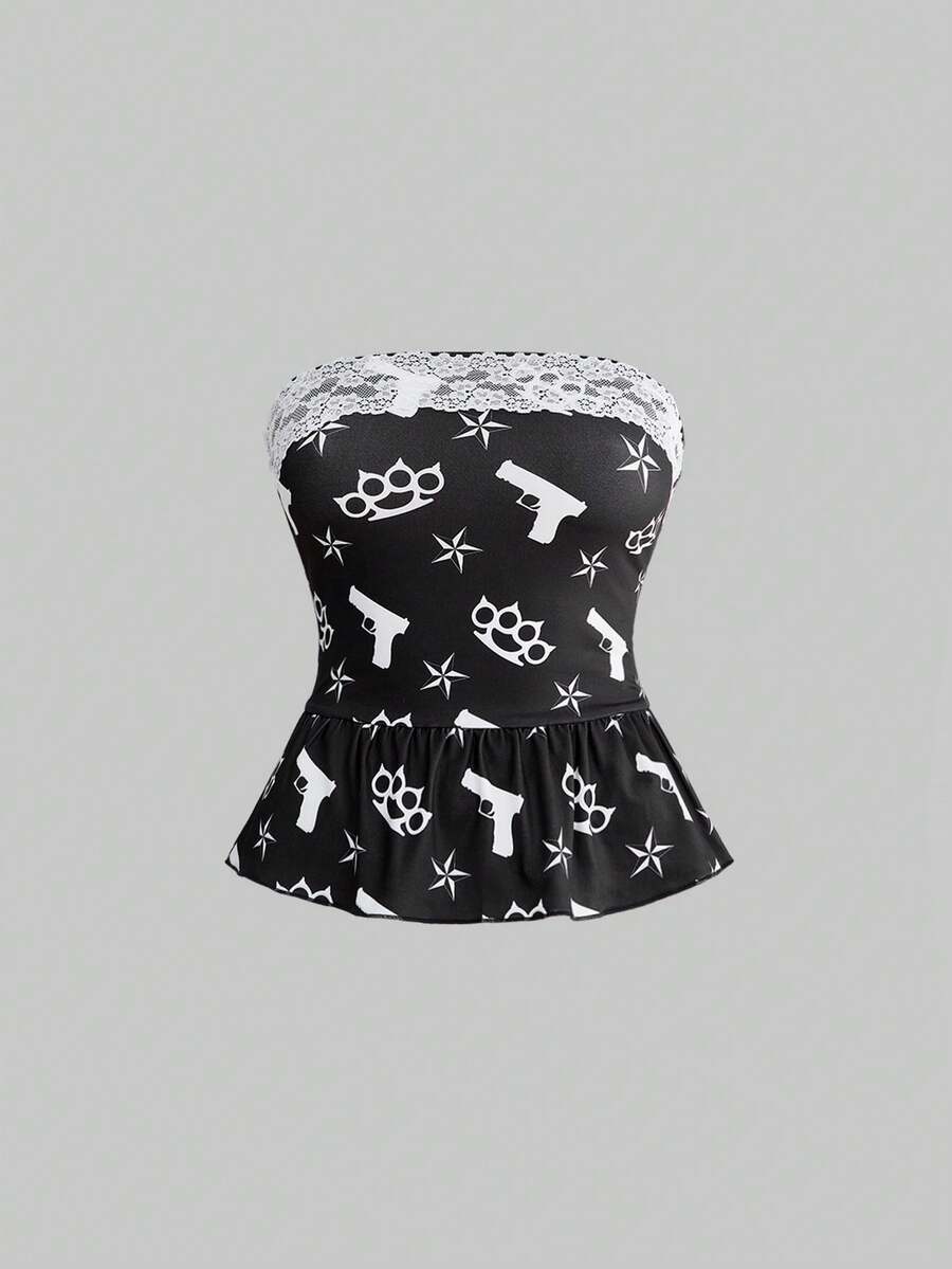 ROMWE Y2K Women's Lace Patchwork Pistol & Windmill Print Casual Versatile Camisole Top, Suitable For Dates And Parties - Black - View 1