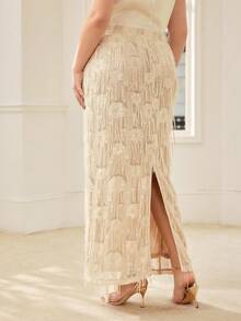 MOTF PREMIUM PLUS SIZE SEQUIN FRINGE SLIT SKIRT, SPRING/SUMMER - Apricot - View 1
